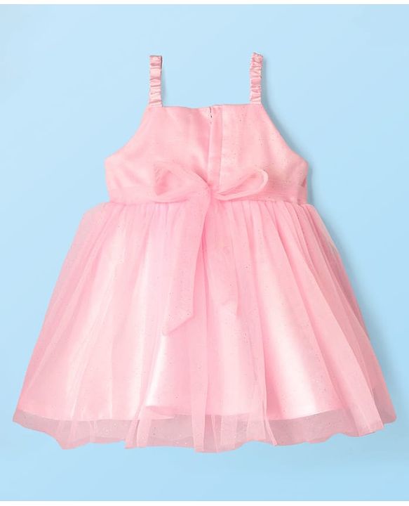 Babyhug Woven Mesh Party Dress with Half Sleeves Shrug with Sequin Detailing & Bow Applique - Pink
