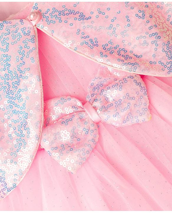Babyhug Woven Mesh Party Dress with Half Sleeves Shrug with Sequin Detailing & Bow Applique - Pink