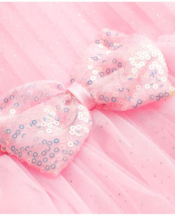 Babyhug Woven Mesh Party Dress with Half Sleeves Shrug with Sequin Detailing & Bow Applique - Pink