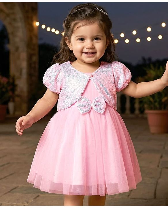 Babyhug Woven Mesh Party Dress with Half Sleeves Shrug with Sequin Detailing & Bow Applique - Pink