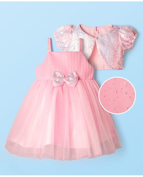 Babyhug Woven Mesh Party Dress with Half Sleeves Shrug with Sequin Detailing & Bow Applique - Pink