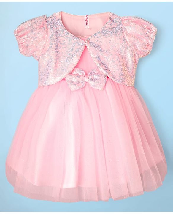 Babyhug Woven Mesh Party Dress with Half Sleeves Shrug with Sequin Detailing & Bow Applique - Pink