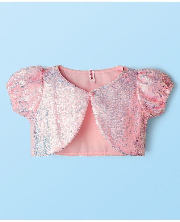Babyhug Woven Mesh Party Dress with Half Sleeves Shrug with Sequin Detailing & Bow Applique - Pink