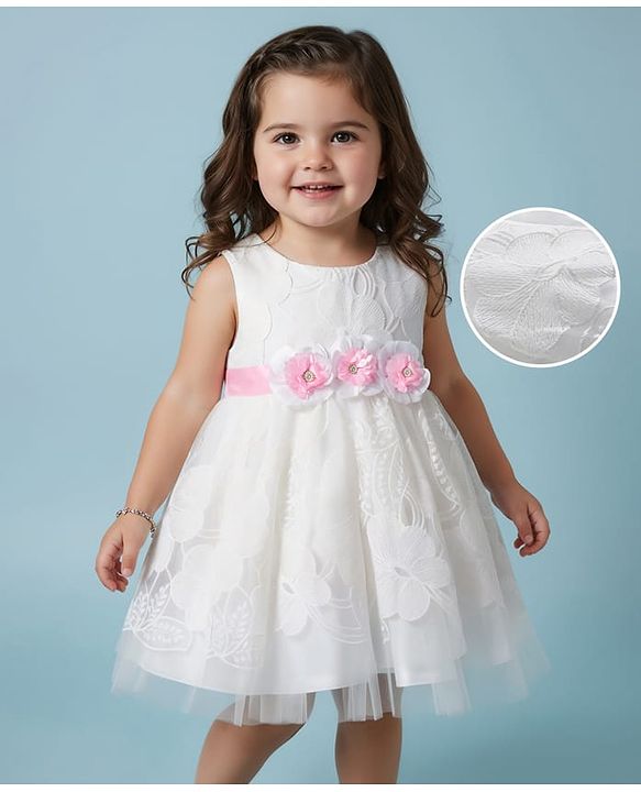 Babyhug Woven Sleeveless Mesh Party Dress With Lace Detailing & Floral Applique - White