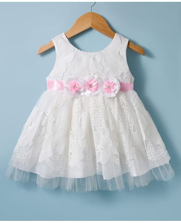 Babyhug Woven Sleeveless Mesh Party Dress With Lace Detailing & Floral Applique - White
