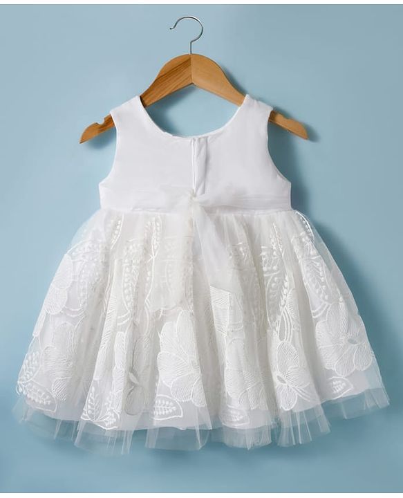 Babyhug Woven Sleeveless Mesh Party Dress With Lace Detailing & Floral Applique - White