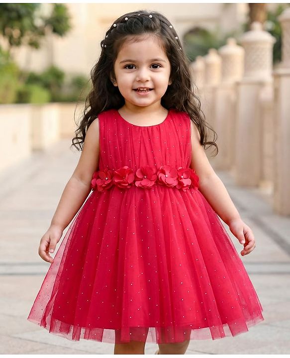 Babyhug Woven Sleeveless Mesh Party Dress with Floral Applique & Glitter Embellishment - Red