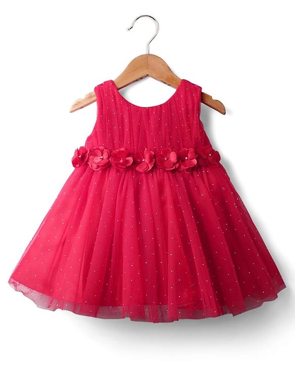 Babyhug Woven Sleeveless Mesh Party Dress with Floral Applique & Glitter Embellishment - Red