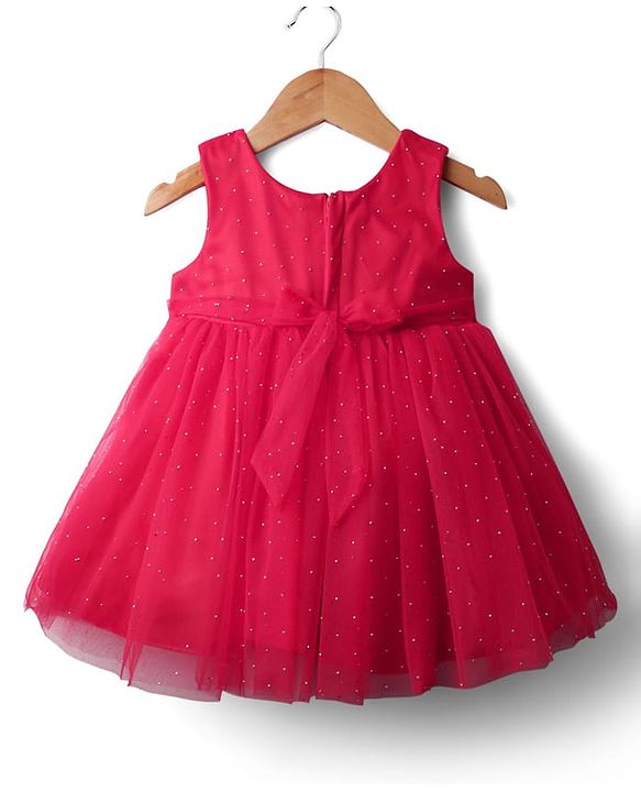Babyhug Woven Sleeveless Mesh Party Dress with Floral Applique & Glitter Embellishment - Red