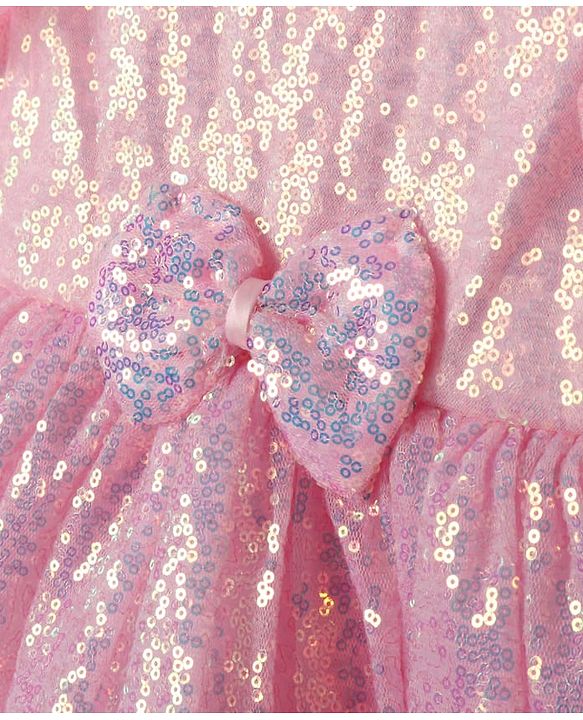 Babyhug Woven Sleeveless Flare Party Dress with Bow & Sequinned Applique - Pink