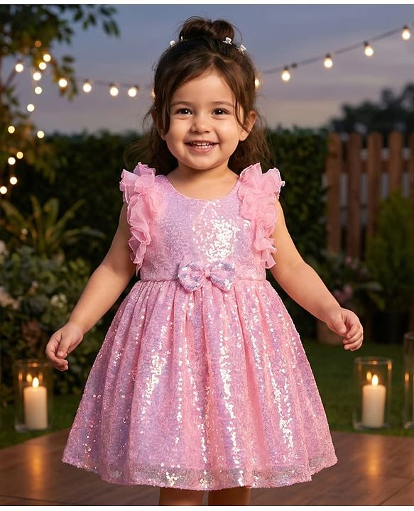 Babyhug Woven Sleeveless Flare Party Dress with Bow & Sequinned Applique - Pink