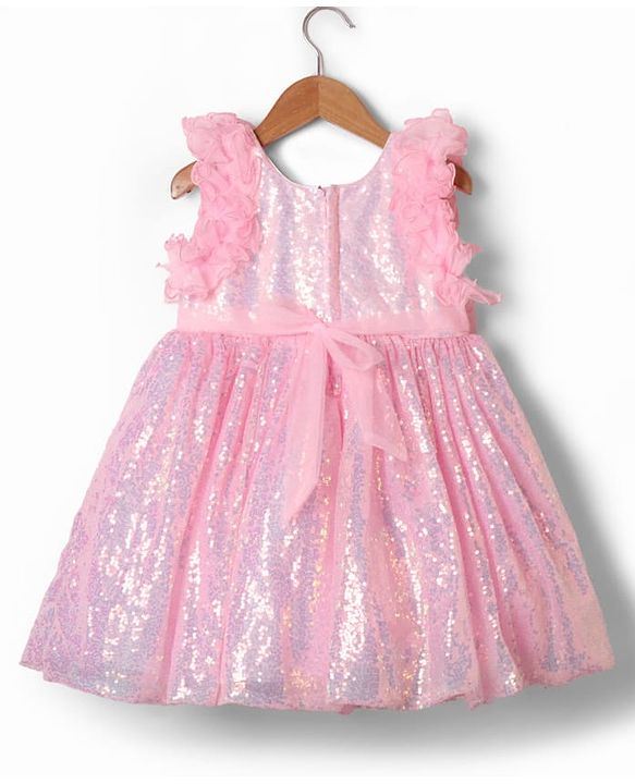 Babyhug Woven Sleeveless Flare Party Dress with Bow & Sequinned Applique - Pink