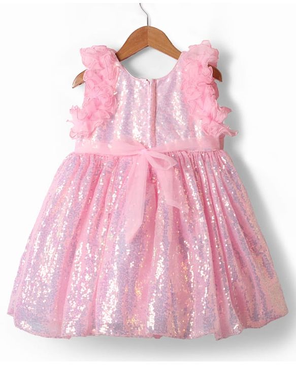 Babyhug Woven Sleeveless Flare Party Dress with Bow & Sequinned Applique - Pink
