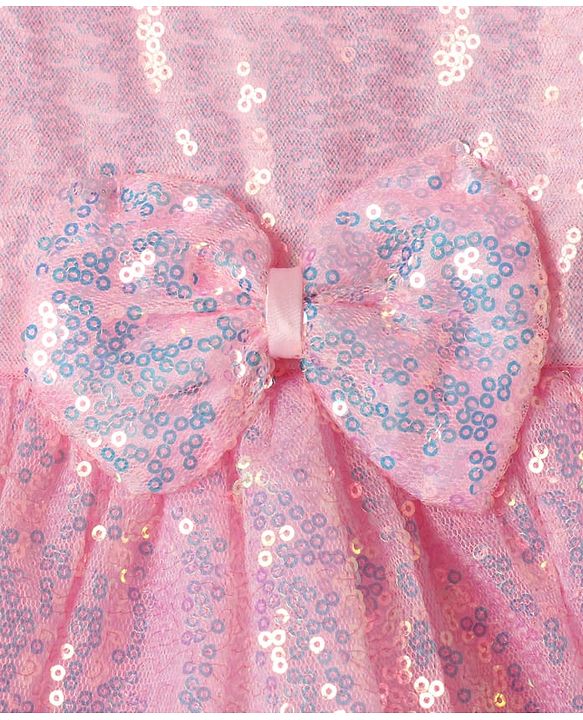 Babyhug Woven Sleeveless Flare Party Dress with Bow & Sequinned Applique - Pink