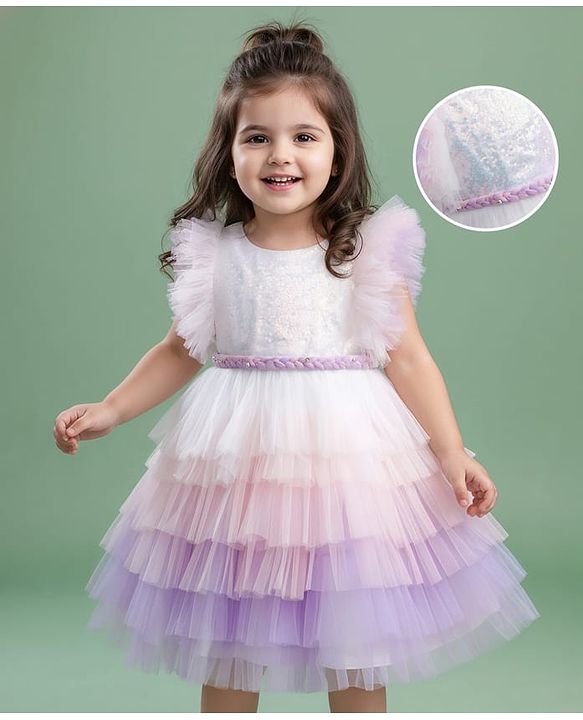Babyhug Woven Frill Sleeves Layered Mesh Party Dress With Sequin Detailing - White