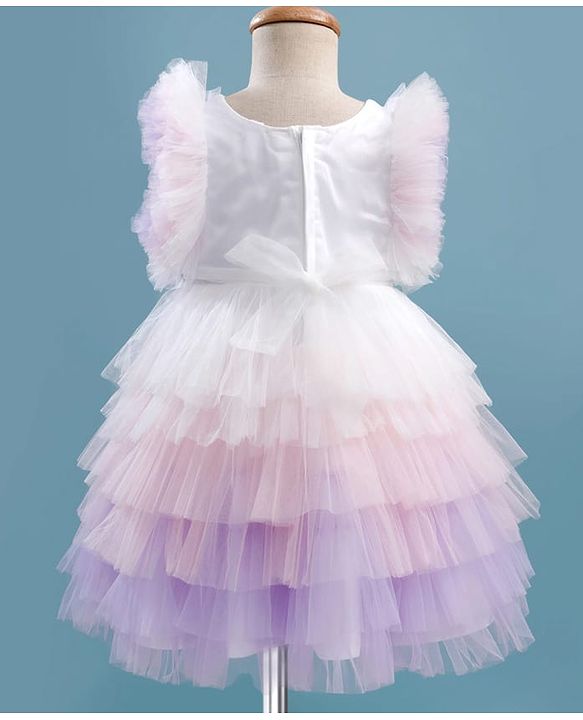 Babyhug Woven Frill Sleeves Layered Mesh Party Dress With Sequin Detailing - White
