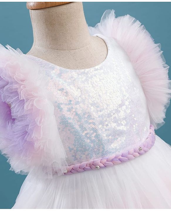 Babyhug Woven Frill Sleeves Layered Mesh Party Dress With Sequin Detailing - White