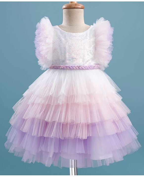 Babyhug Woven Frill Sleeves Layered Mesh Party Dress With Sequin Detailing - White
