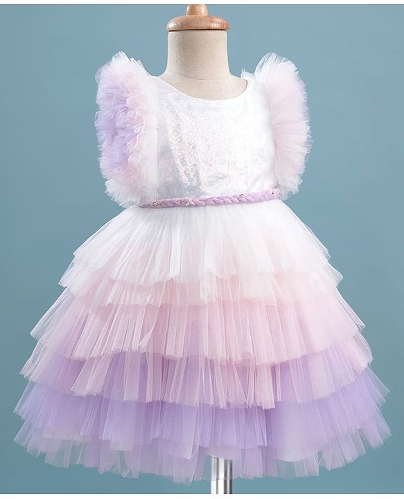 Babyhug Woven Frill Sleeves Layered Mesh Party Dress With Sequin Detailing - White