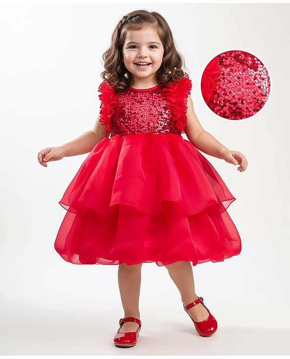 Babyhug Woven Sleeveless Layered Party Dress With Sequin & Frill Detailing - Red