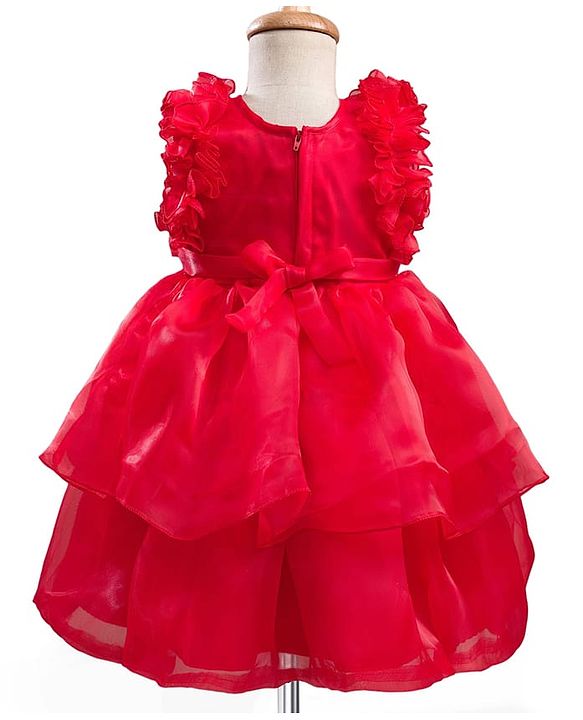 Babyhug Woven Sleeveless Layered Party Dress With Sequin & Frill Detailing - Red