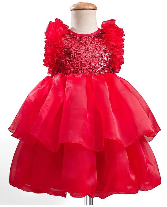 Babyhug Woven Sleeveless Layered Party Dress With Sequin & Frill Detailing - Red