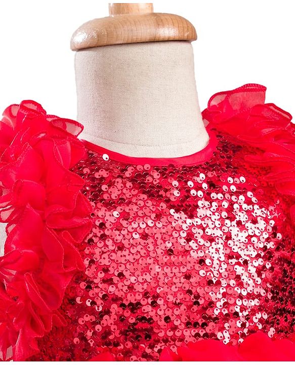 Babyhug Woven Sleeveless Layered Party Dress With Sequin & Frill Detailing - Red