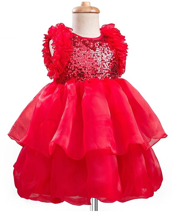 Babyhug Woven Sleeveless Layered Party Dress With Sequin & Frill Detailing - Red
