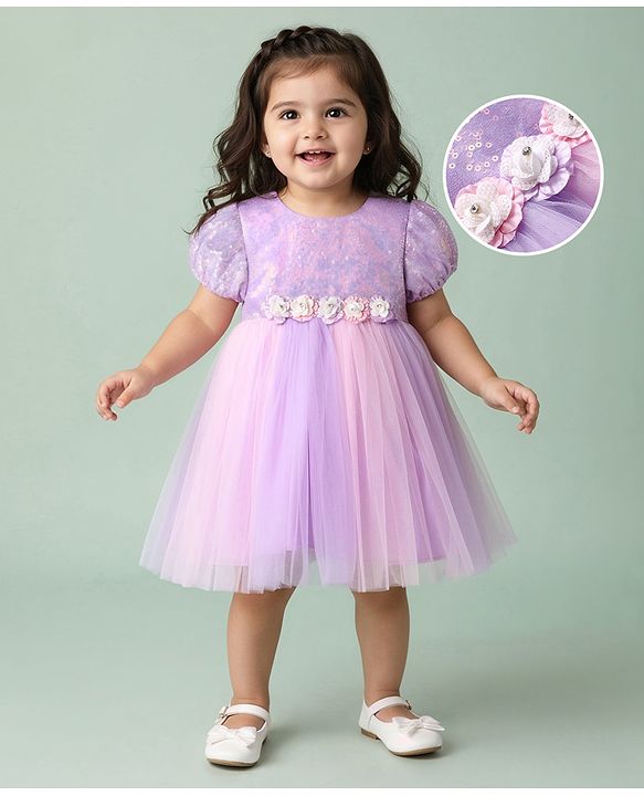 Babyhug Woven Puffed Sleeves Flared Party Dress with Sequins - Lavender