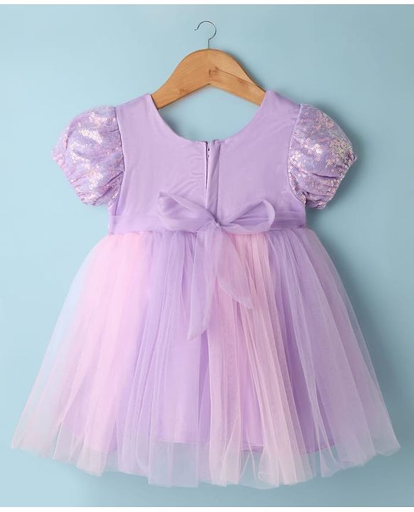 Babyhug Woven Puffed Sleeves Flared Party Dress with Sequins - Lavender