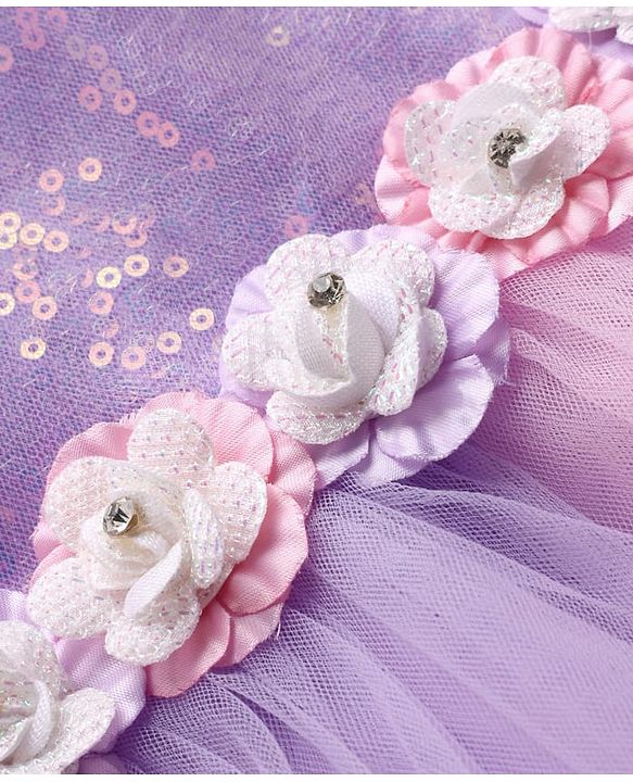 Babyhug Woven Puffed Sleeves Flared Party Dress with Sequins - Lavender