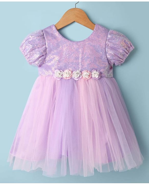 Babyhug Woven Puffed Sleeves Flared Party Dress with Sequins - Lavender
