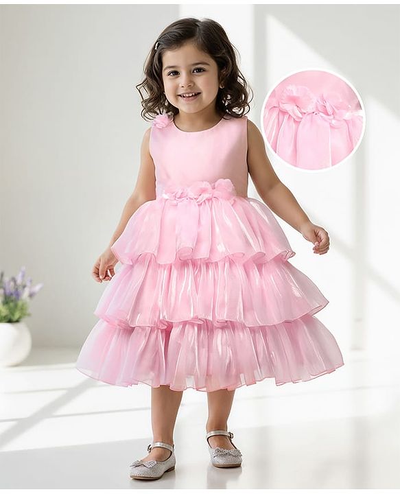 Babyhug Woven Sleeveless Fit & Flare Solid Colour Layered Partywear Dress With Corsages - Pink