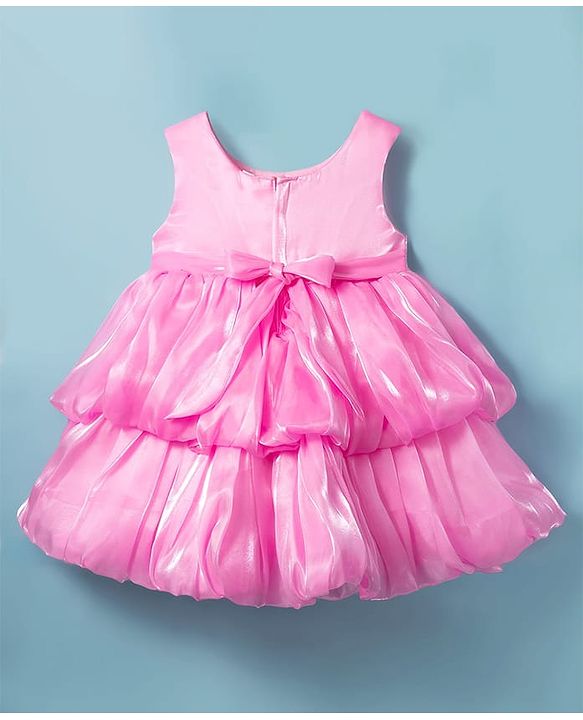 Babyhug Woven Sleeveless Party Dress With Floral Applique & Sequinned Yoke - Pink