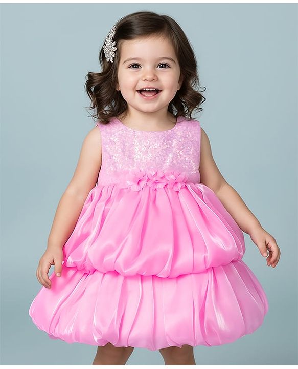 Babyhug Woven Sleeveless Party Dress With Floral Applique & Sequinned Yoke - Pink