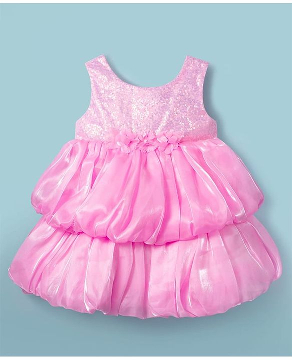 Babyhug Woven Sleeveless Party Dress With Floral Applique & Sequinned Yoke - Pink