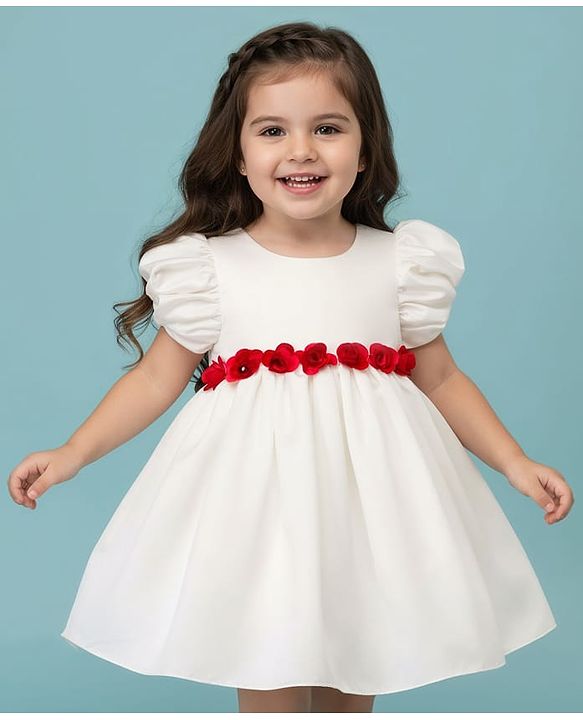 Babyhug 5 Layers With Cotton Lining Premium Satin Puff Sleeves Dress With Corsage - White & Red