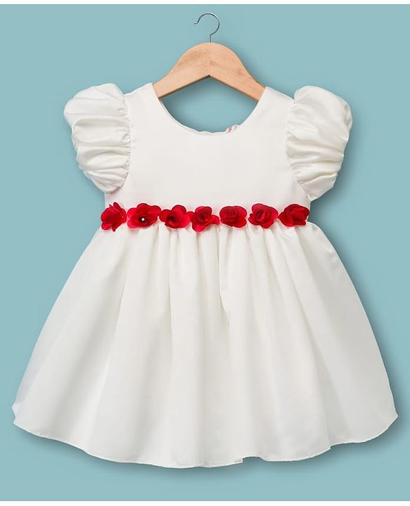 Babyhug 5 Layers With Cotton Lining Premium Satin Puff Sleeves Dress With Corsage - White & Red
