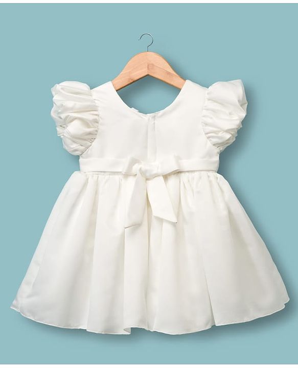 Babyhug 5 Layers With Cotton Lining Premium Satin Puff Sleeves Dress With Corsage - White & Red