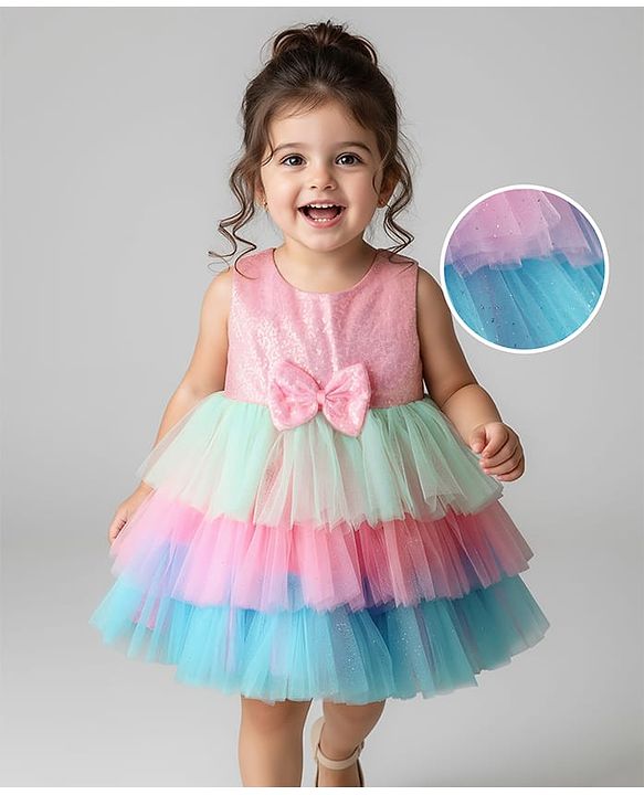 Babyhug Woven Sleeveless Mesh Layered Party Dress with Bow Applique & Sequin Detailing - Multicolor