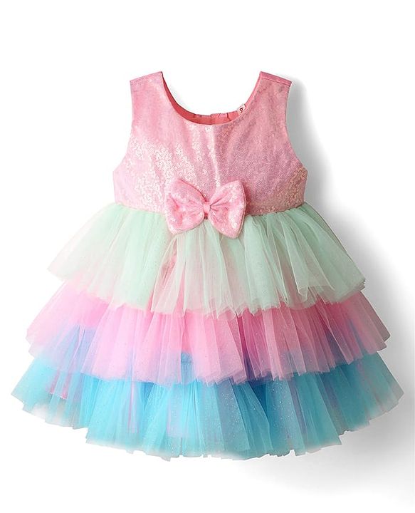 Babyhug Woven Sleeveless Mesh Layered Party Dress with Bow Applique & Sequin Detailing - Multicolor