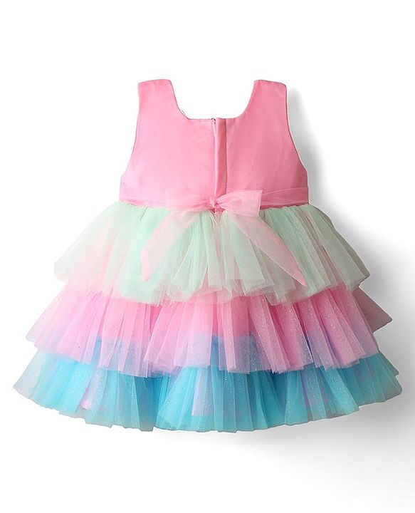 Babyhug Woven Sleeveless Mesh Layered Party Dress with Bow Applique & Sequin Detailing - Multicolor