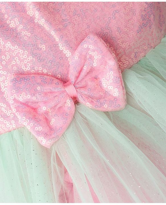 Babyhug Woven Sleeveless Mesh Layered Party Dress with Bow Applique & Sequin Detailing - Multicolor