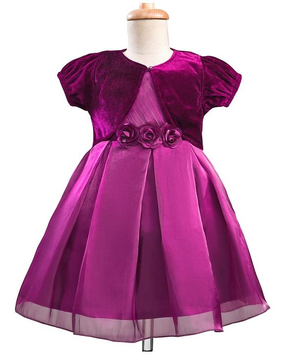 Babyhug Woven Party Dress & Half Sleeves Shrug With Floral Applique - Wine