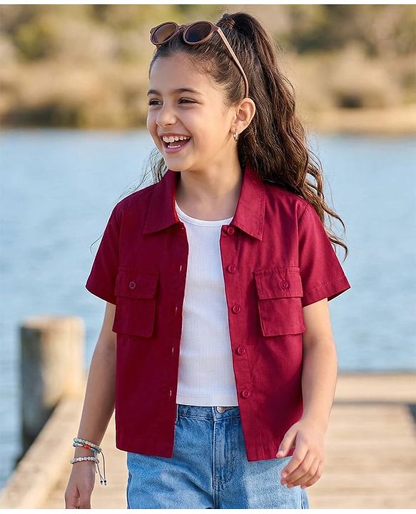 Pine Kids Cotton Woven Half Sleeves Solid Color Shrug with Pockets & Top - Wine & White