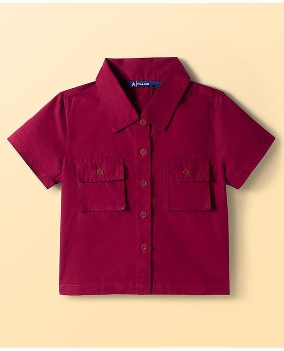 Pine Kids Cotton Woven Half Sleeves Solid Color Shrug with Pockets & Top - Wine & White