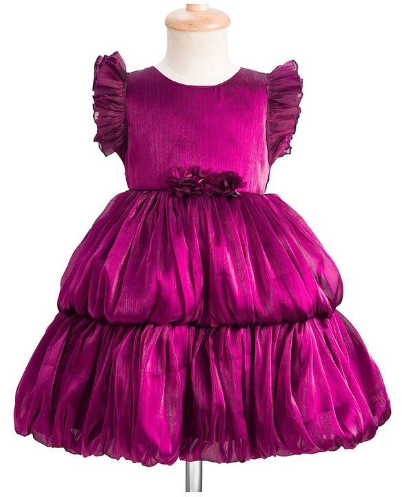 Babyhug Woven Frill Sleeves Fit & Flare Party Dress with Floral Applique - Purple
