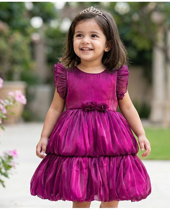 Babyhug Woven Frill Sleeves Fit & Flare Party Dress with Floral Applique - Purple