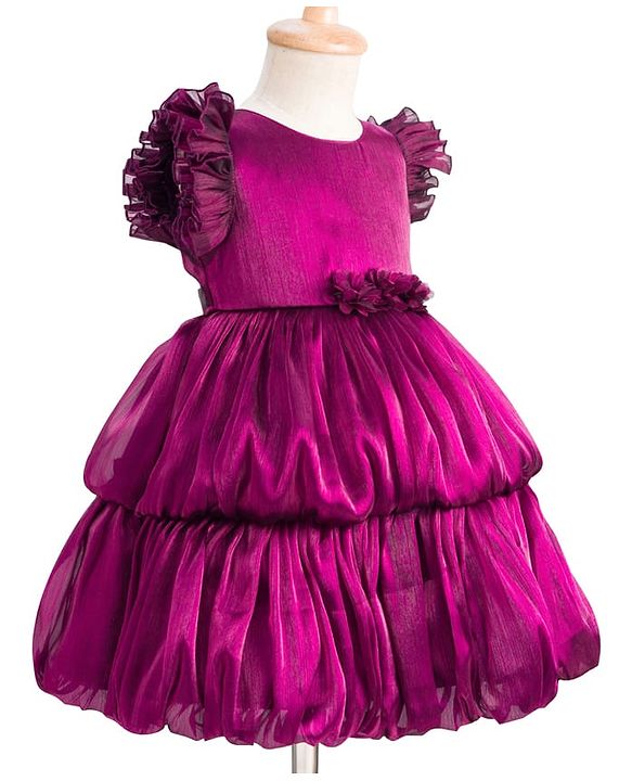Babyhug Woven Frill Sleeves Fit & Flare Party Dress with Floral Applique - Purple
