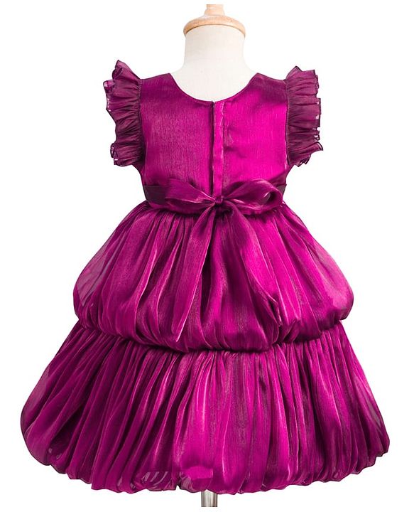 Babyhug Woven Frill Sleeves Fit & Flare Party Dress with Floral Applique - Purple
